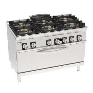 Cucina gas ermetica 6 fuochi con griglia in ghisa su forno gas full-size (cm92,5x63x30) con 1 griglia