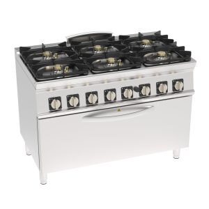 Cucina gas ermetica 6 fuochi con griglie in ghisa su forno gas full-size (cm92,5x63x40) con Grill elettrico e 1 griglia – non installabile su zoccolo
