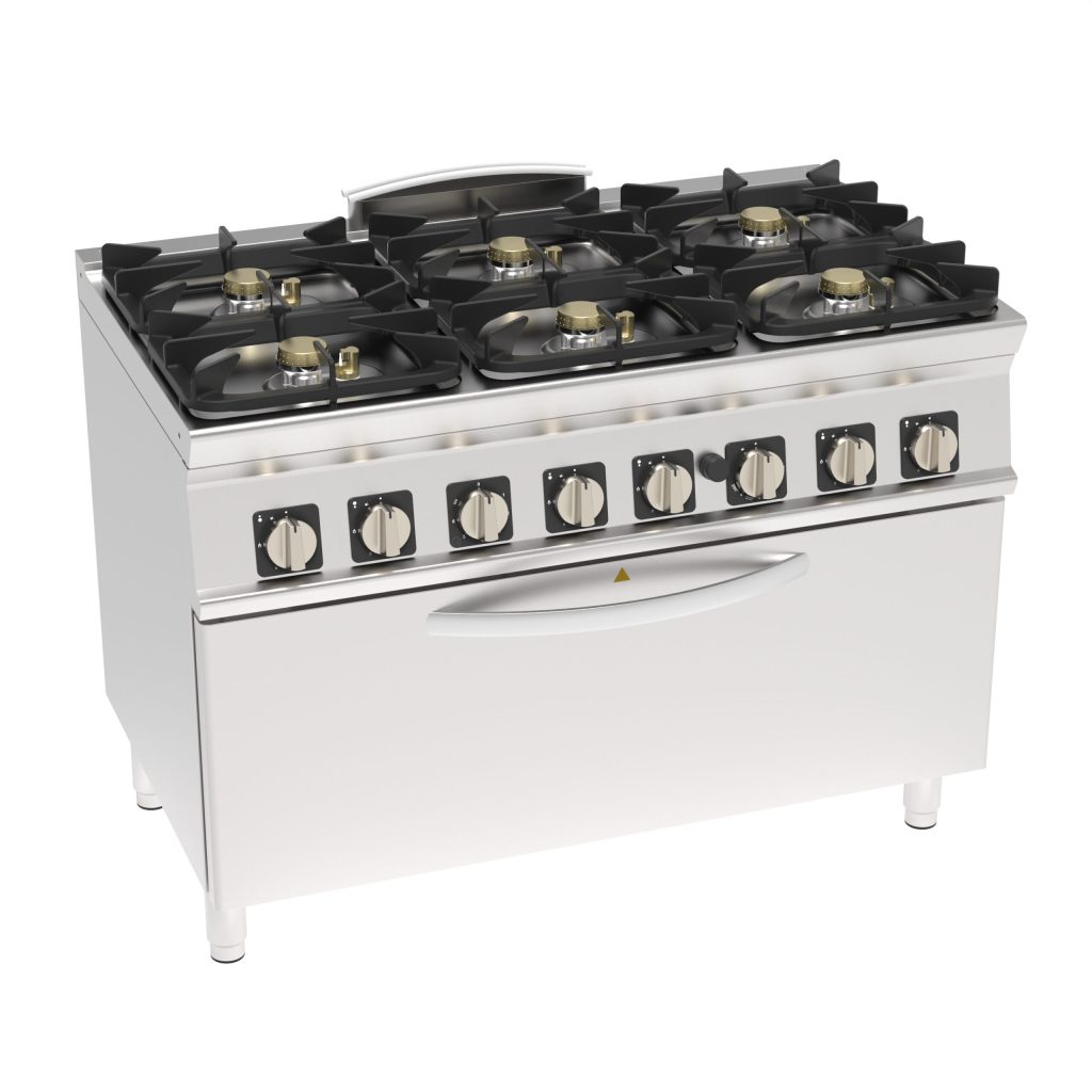 Cucina gas ermetica 6 fuochi Super con griglie in ghisa su forno gas statico full-size e Grill elettrico con 1 griglia