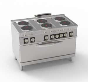 Cucina elettrica 6 piastre ermetiche tonde (diam 22cm – 8.7in) su forno elettrico statico full-size(cm92,5x63x30) con 1 griglia – Tecnoinox