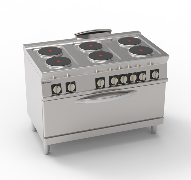 Cucina elettrica 6 piastre ermetiche tonde (diam 22cm – 8.7in) su forno elettrico statico full-size(cm92,5x63x30) con 1 griglia – Tecnoinox