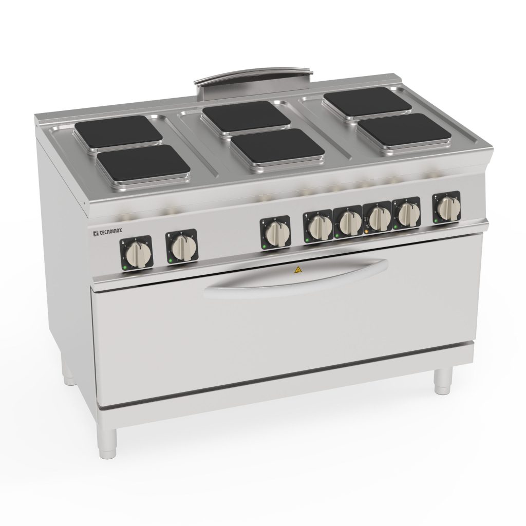 Cucina elettrica 6 piastre ermetiche quadre (22x22cm – 8,7×8.7in) su forno elettrico statico full-size(cm92,5x63x30) con 1 griglia – Tecnoinox