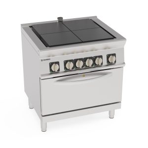 Cucina elettrica 4 piastre quadre (30x30cm – 11.8×11.8in) complanari basculanti su forno elettrico convezione GN1/1 con 1 griglia