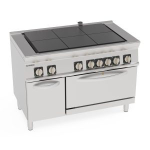 Cucina elettrica 6 piastre quadre (30x30cm – 11.8×11.8in) complanari basculanti su forno elettrico convezione GN1/1 con 1 griglia