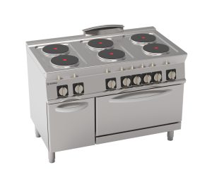Cucina elettrica 6 piastre tonde ermetiche su forno elettrico statico GN2/1 con 1 griglia (diam 22cm – 8.7in)