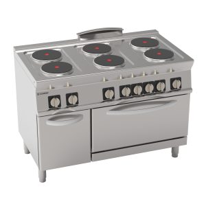 Cucina elettrica 6 piastre tonde ermetiche su forno elettrico statico GN2/1 con 1 griglia (diam 22cm – 8.7in)