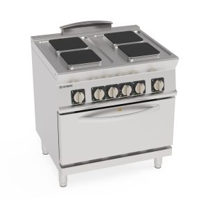 Cucina elettrica 4 piastre quadre ermetiche su forno elettrico statico GN2/1 con 1 griglia (piastra 22x22cm – 8.7×8.7in)