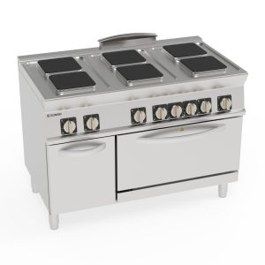 Cucina elettrica 6 piastre quadre ermetiche su forno elettrico statico GN2/1 con 1 griglia (piastra 22x22cm – 8.7×8.7in)
