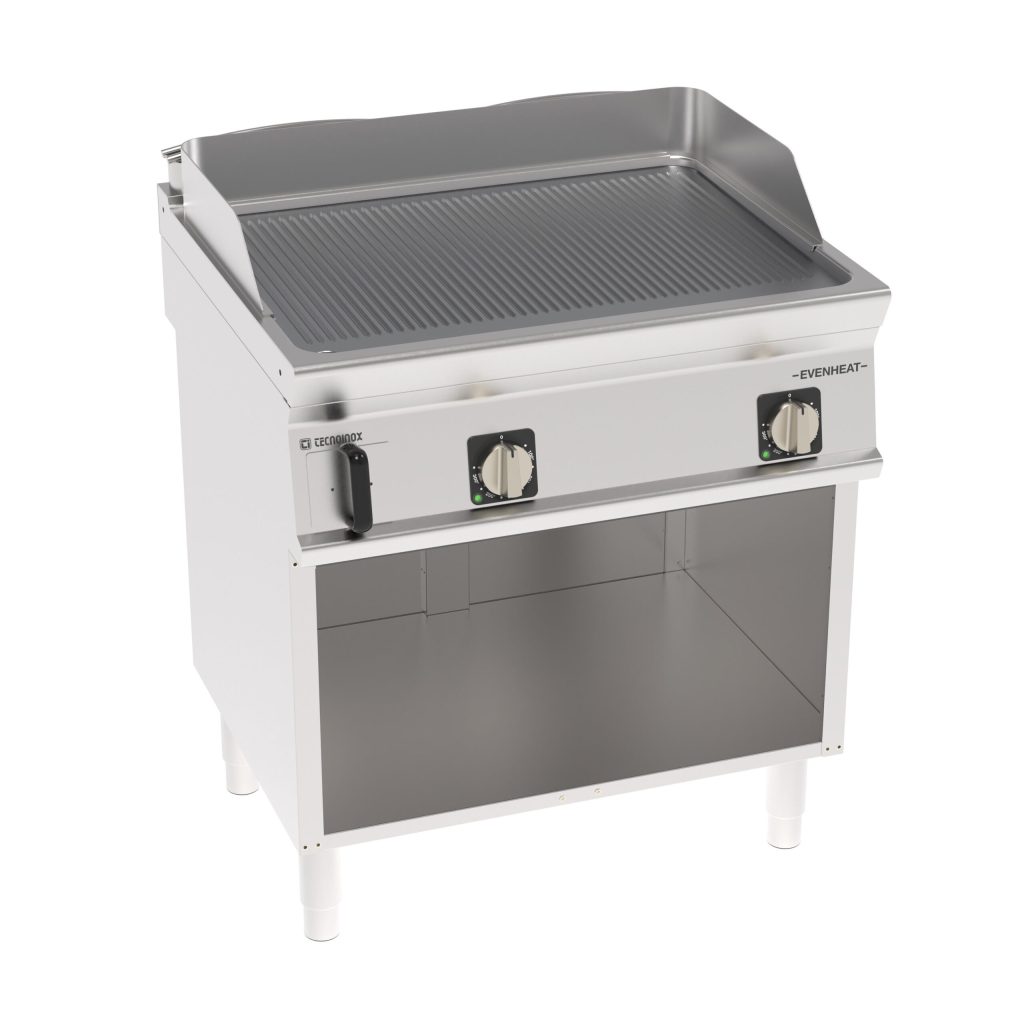 Fry-Top elettrico piastra rigata cromata spazzolata freestanding su vano aperto con tecnologia EVENHEAT