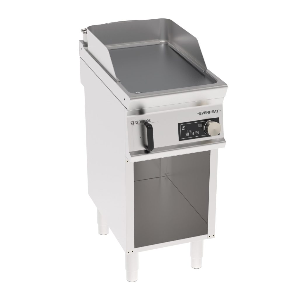 Fry-Top elettrico piastra liscia cromata spazzolata a controllo elettronico freestanding su vano aperto con tecnologia EVENHEAT