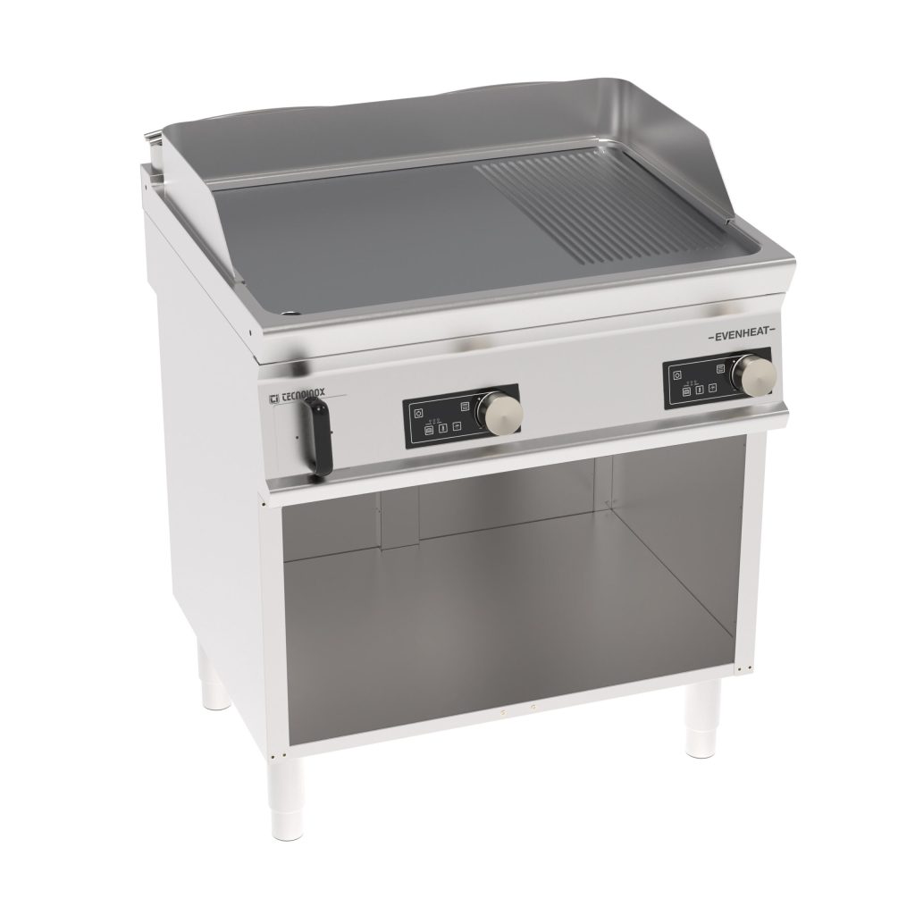 Fry-Top elettrico piastra 1/3 rigata cromata spazzolata a controllo elettronico freestanding su vano aperto con tecnologia EVENHEAT