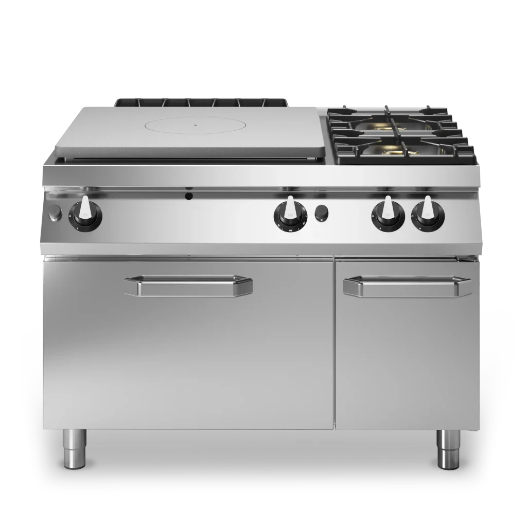 Inoxgastro 900 – Tuttapiastra a gas, 2 fuochi, con forno a gas, modulo 120 cm