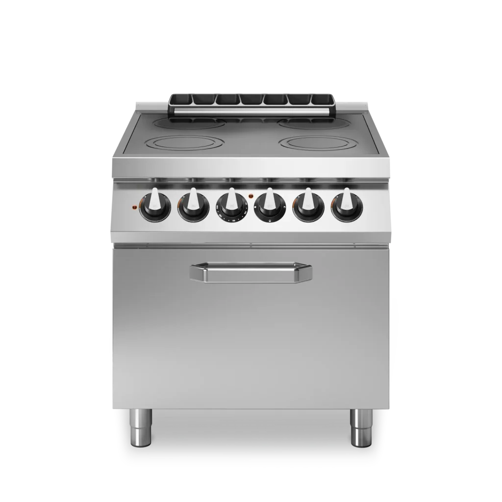 Inoxgastro 900 – Piano cottura ad infrarossi, 4 zone di cottura, forno elettrico ventilato, modulo 80 cm