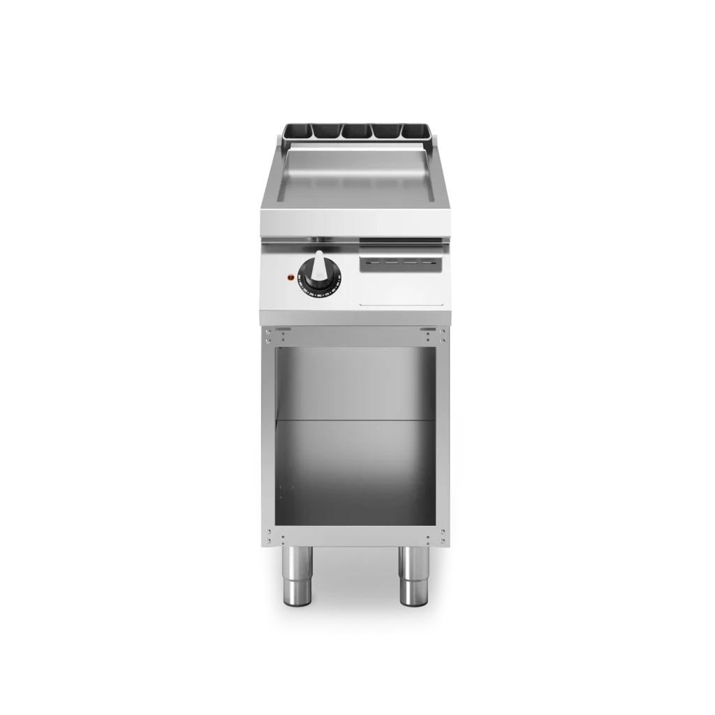 Inoxgastro 700 – Fry top elettrico, piastra liscia, cromata satinata, su vano aperto, modulo 40 cm