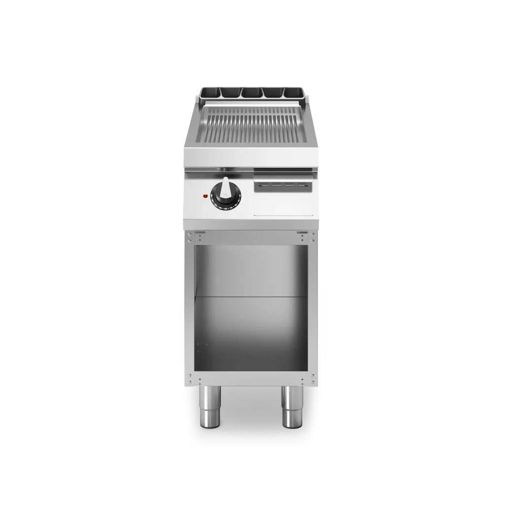 Inoxgastro 900 – Fry top elettrico, piastra rigata, cromata satinata, su vano aperto, modulo 40 cm