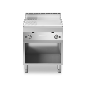 Inoxfun700 – Fry top gas, piastra 2/3 liscia 1/3 rigata cromata lucida, su vano aperto, modulo 70 cm