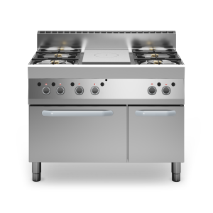 Inoxgastro 650 – Tuttapiastra gas bacinelle smaltate modulo 110 4 fuochi con forno gas vano con porta