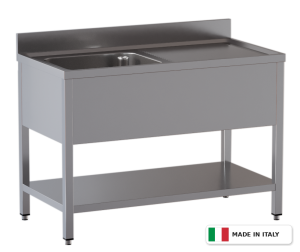 Lavello a 1 vasca – gocciolatoio a destra – su gambe con ripiano – 1100 × 600 × 850 mm