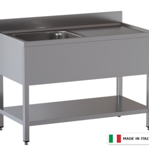 Lavello a 1 vasca – gocciolatoio a destra – su gambe con ripiano – 1600 × 700 × 850 mm