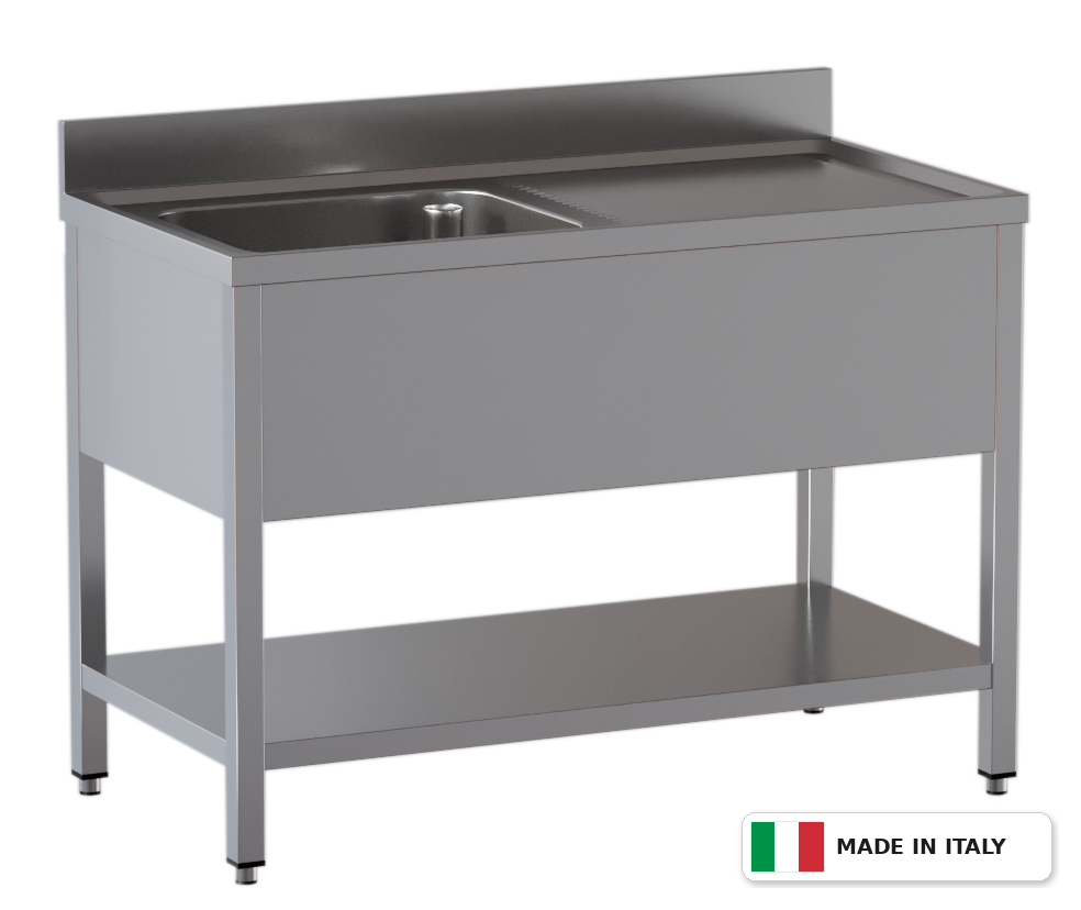 Lavello a 1 vasca – gocciolatoio a destra – su gambe con ripiano – 1100 × 600 × 850 mm