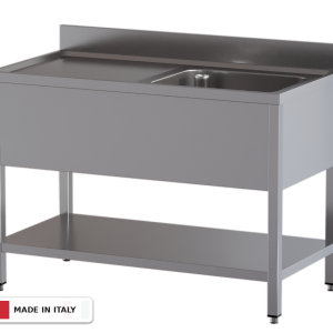 Lavello a 1 vasca – gocciolatoio a sinistra – su gambe con ripiano – 1600 × 700 × 850 mm