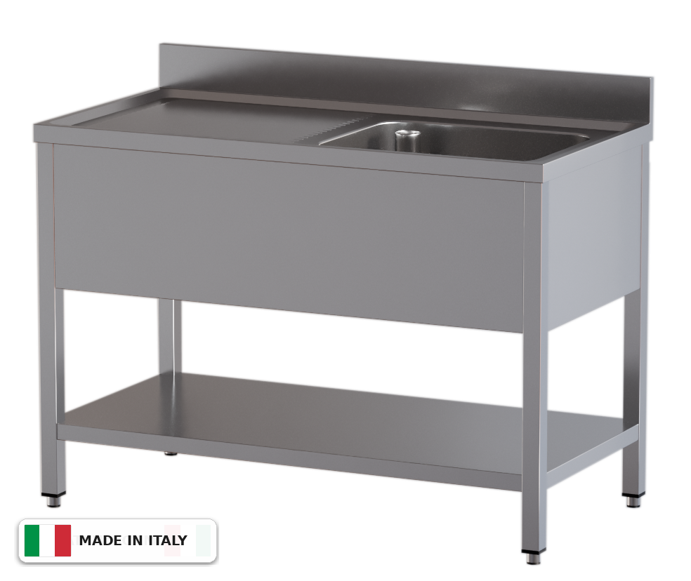 Lavello a 1 vasca – gocciolatoio a sinistra – su gambe con ripiano – 1000 × 700 × 850 mm