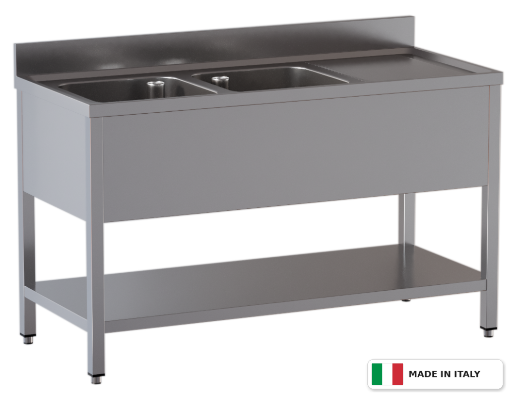 Lavello a 2 vasche – gocciolatoio a destra – su gambe con ripiano – 1900 × 700 × 850 mm