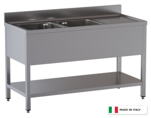 Lavello a 2 vasche – gocciolatoio a destra – su gambe con ripiano – 1600 × 600 × 850 mm