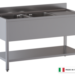 Lavello a 2 vasche – gocciolatoio a destra – su gambe con ripiano – 2000 × 700 × 850 mm