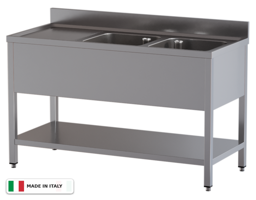 Lavello a 2 vasche – gocciolatoio a sinistra – su gambe con ripiano – 1700 × 600 × 850 mm