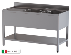 Lavello a 2 vasche – gocciolatoio a sinistra – su gambe con ripiano – 1900 × 700 × 850 mm