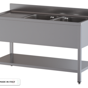 Lavello a 2 vasche – gocciolatoio a sinistra – su gambe con ripiano – 2000 × 700 × 850 mm