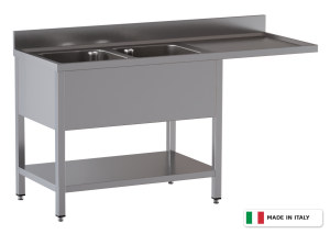 Lavello a 2 vasche – vano lavastoviglie a destra – su gambe con ripiano – 2000 × 700 × 850 mm
