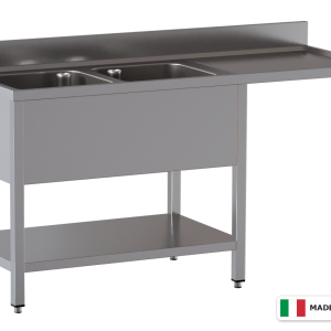 Lavello a 2 vasche – vano lavastoviglie a destra – su gambe con ripiano – 2000 × 700 × 850 mm