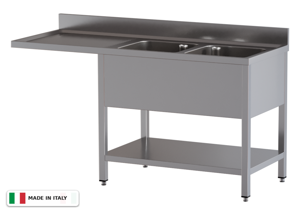 Lavello a 2 vasche – vano lavastoviglie a sinistra – su gambe con ripiano – 1800 × 700 × 850 mm
