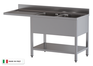 Lavello a 2 vasche – vano lavastoviglie a sinistra – su gambe con ripiano – 1800 × 700 × 850 mm