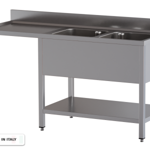 Lavello a 2 vasche – vano lavastoviglie a sinistra – su gambe con ripiano – 2000 × 700 × 850 mm