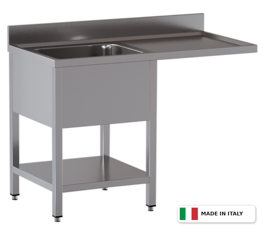 Lavello a 1 vasca – vano lavastoviglie a destra – su gambe con ripiano – 1200 × 700 × 850 mm
