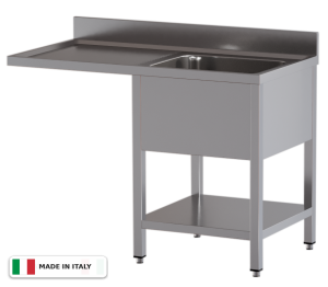 Lavello a 1 vasca – vano lavastoviglie a sinistra – su gambe con ripiano – 1400 × 700 × 850 mm