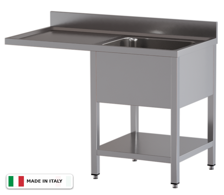 Lavello a 1 vasca – vano lavastoviglie a sinistra – su gambe con ripiano – 1400 × 700 × 850 mm