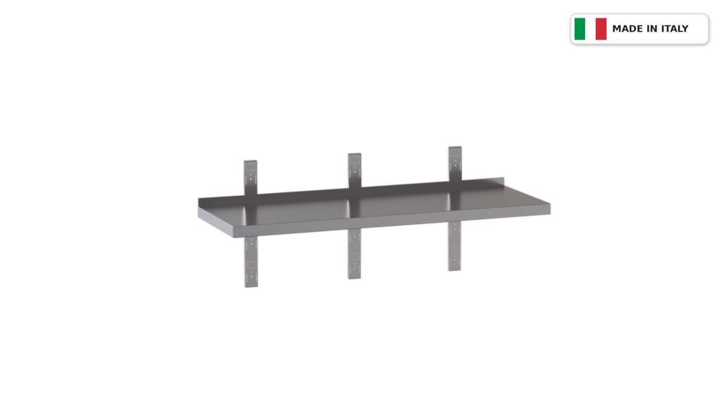Mensola a parete in acciaio inox – 1 ripiano liscio – con cremagliere e staffe – 2000 × 300 × 40 mm