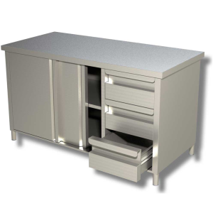 Tavolo da lavoro armadiato – porte scorrevoli – 3 cassetti a destra – senza alzatina – 2000 × 700 × 850 mm