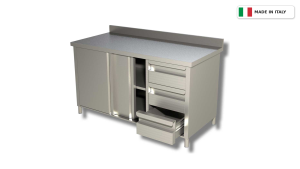 Tavolo da lavoro armadiato – porte scorrevoli – 3 cassetti a destra – con alzatina – 2000 × 700 × 850 mm