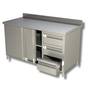 Tavolo da lavoro armadiato – porte scorrevoli – 3 cassetti a destra – con alzatina – 2000 × 700 × 850 mm
