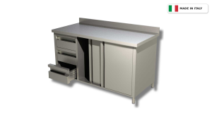 Tavolo da lavoro armadiato – porte scorrevoli – 3 cassetti a sinistra – con alzatina – 1600 × 600 × 850 mm