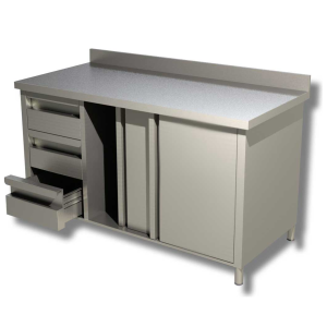 Tavolo da lavoro armadiato – porte scorrevoli – 3 cassetti a sinistra – con alzatina – 2000 × 700 × 850 mm