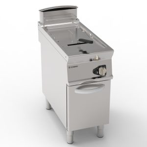 Friggitrice gas vasca singola 21lt con fondo V freestanding su vano chiuso – cestelli coperchi e vasca recupero olio inclusi – Tecnoinox
