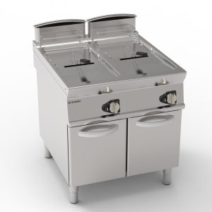 Friggitrice gas vasca doppia 17+17lt con fondo V freestanding su vano chiuso – cestelli, coperchi e vasca recupero olio inclusi – Tecnoinox
