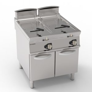 Friggitrice gas vasca doppia 21+21lt con fondo V freestanding su vano chiuso – cestelli, coperchi e vasca recupero olio inclusi – Tecnoinox