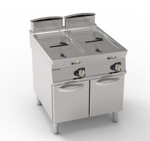 Friggitrice gas vasca doppia 17+17lt con scambiatori in vasca freestanding su vano chiuso – cestelli, coperchi e vasca recupero olio inclusi – Tecnoinox